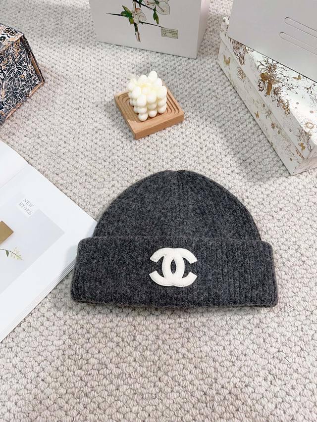 Chanel小香风针织帽双c字母高品质毛线帽 女冬户外圆顶黑色保暖卷边冷帽