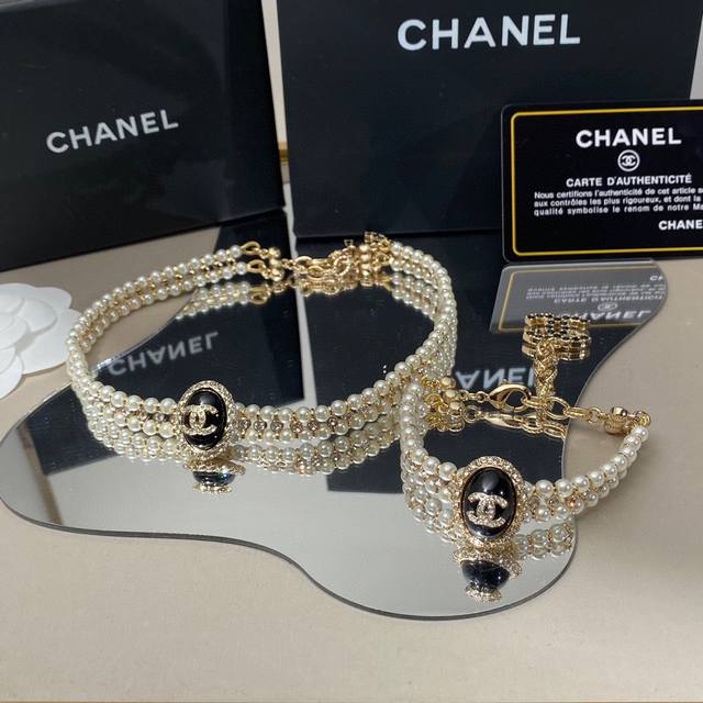Chanel 小香椭圆珍珠镶钻双层项链颈链 手链一套 重工编织 手工一颗颗镶嵌而成 时尚高级洋气质感好项 7 ,手 7