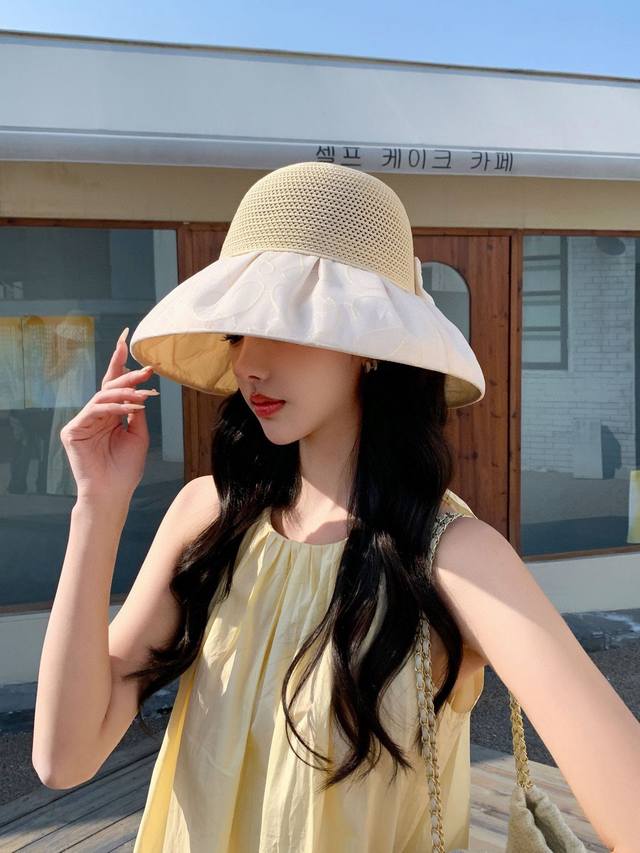 香奈儿chanel 蝴蝶结可折叠大檐空顶帽防紫外线遮阳太阳帽户外骑行百搭夏季帽子