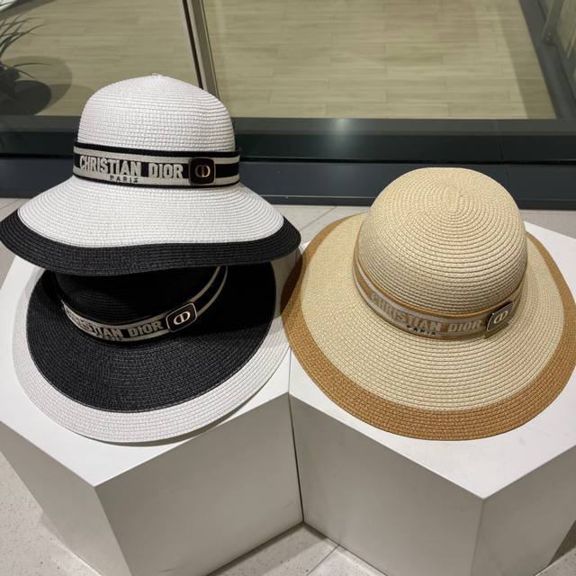 Dior迪奥新款草帽 遮阳帽 太阳帽 沙滩遮阳帽帽 拼色头围57Cm