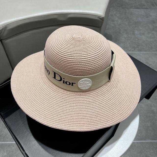 Dior迪奥草帽 太阳帽 沙滩遮阳帽帽 名媛风 搭配织带头围57Cm - 点击图像关闭