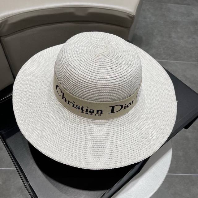 Dior迪奥草帽 太阳帽 沙滩遮阳帽帽 名媛风 搭配织带头围57Cm