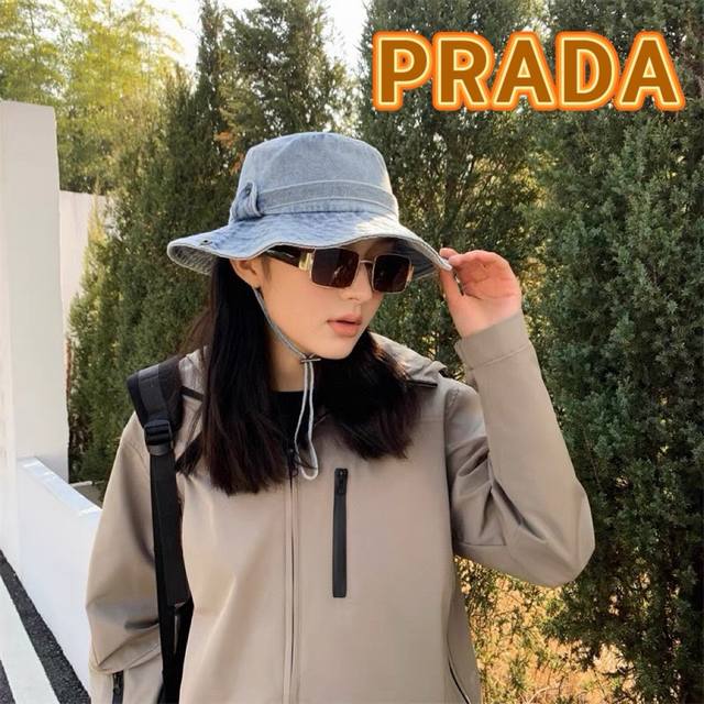 Prada普拉达2024年春夏季新款牛仔帽子男女韩版户外出游渔夫帽防晒遮阳太阳帽 - 点击图像关闭