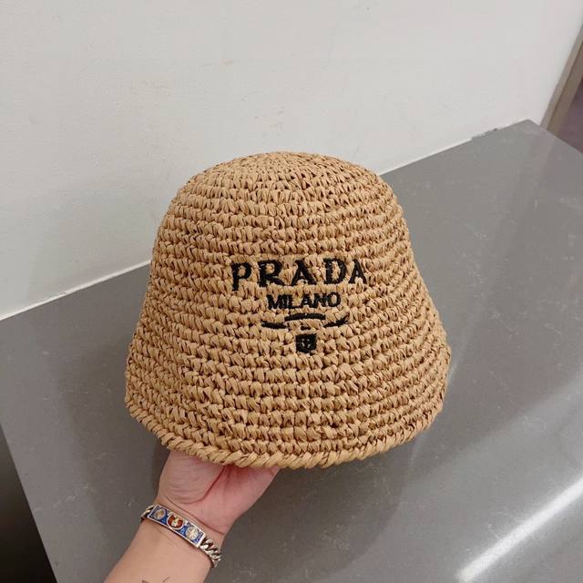 Prada普拉达草帽 渔夫帽 手工编织 2022官方新款 刺绣logo 跑量6个色