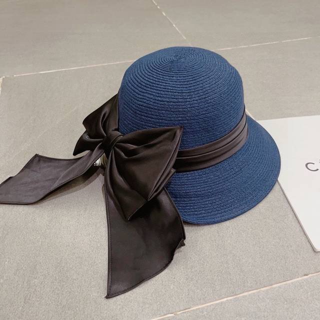 Chanel香奈儿草帽，太阳帽，遮阳草帽，名媛风，绸缎飘带，跑量多色，头围57Cm - 点击图像关闭