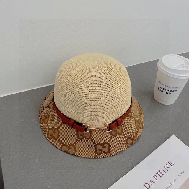 Gucci古琦皮带款草帽，细草盆帽，方便携带，高端定制，头围57Cm 米 卡其两色