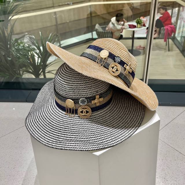 Chanel香奈儿23年新款草帽，名媛风遮阳帽，沙滩帽，可折叠， 头围57Cm