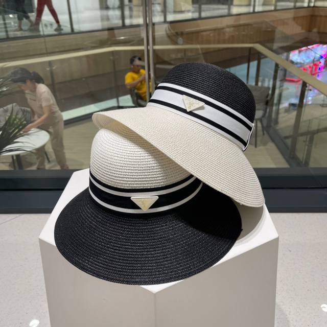 Prada普拉达 2023新款圆顶拼色盆帽草帽，度假休闲必备，优雅大方的一款