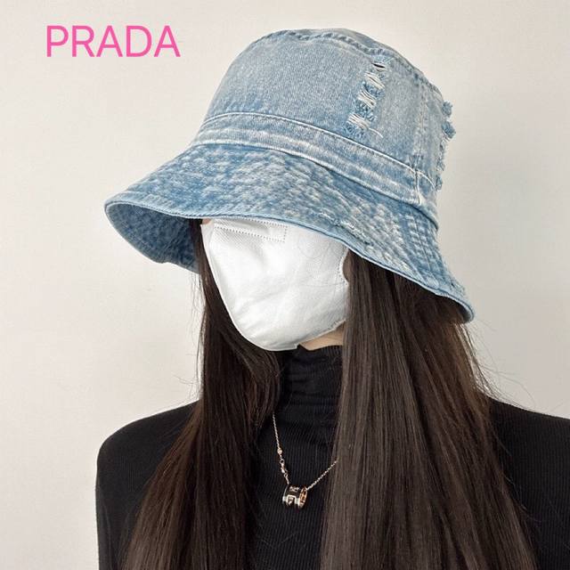 Prada普拉达 新款渔夫帽 精致经典破洞牛仔 时尚百搭款！香粉闭眼入！