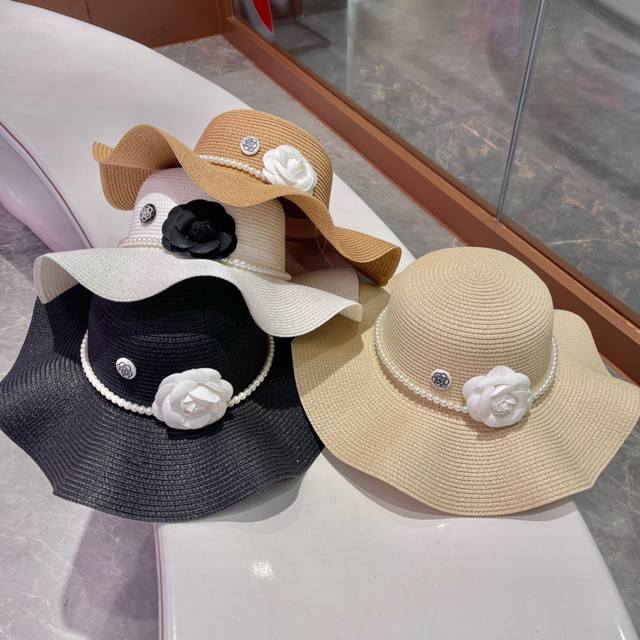Chanel香奈儿2023新款草帽，太阳帽，沙滩遮阳帽，山茶花配饰，超有夏天的味道，头围57Cm - 点击图像关闭