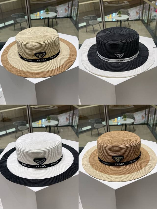 Prada普拉达草帽，拼色高级定制，超好看帽型，多色织带，头围57Cm