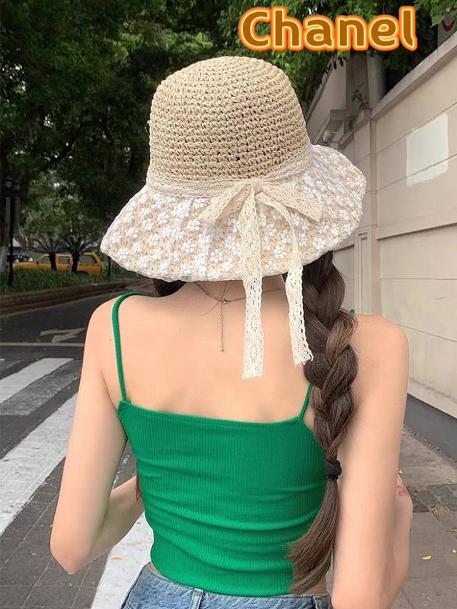 Chanel香奈儿 海边帽子女夏季防晒草帽赫本风沙滩度假蕾丝遮阳太阳帽透气渔夫帽