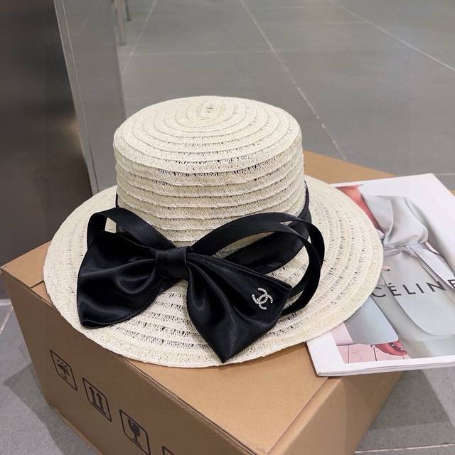 Chanel香奈儿草帽，蝴蝶结平顶礼帽，日本支持制作，高级断面蝴蝶结，遮阳防晒百搭 - 点击图像关闭