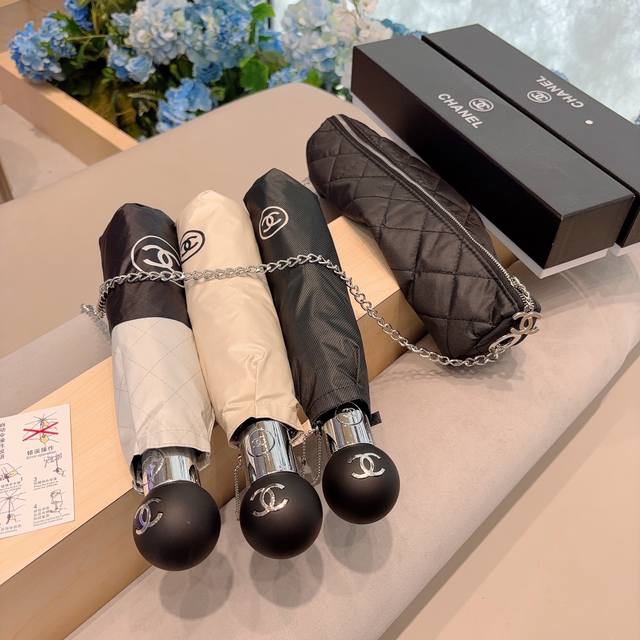 特批 Chanel 香奈儿 链包款经典小香三折茶花伞面自动折叠晴雨伞 选用台湾进口uv防紫外线伞布 原单代工级品质，3色