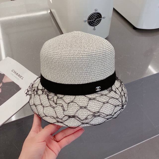 Chanel香奈儿网纱礼帽，名媛风草帽，沙滩帽，头围57Cm