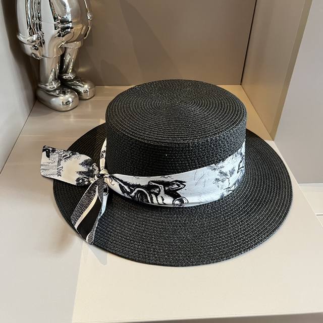 Dior迪奥平顶礼帽，动物图案飘带，百搭遮阳帽，草帽头围57Cm - 点击图像关闭