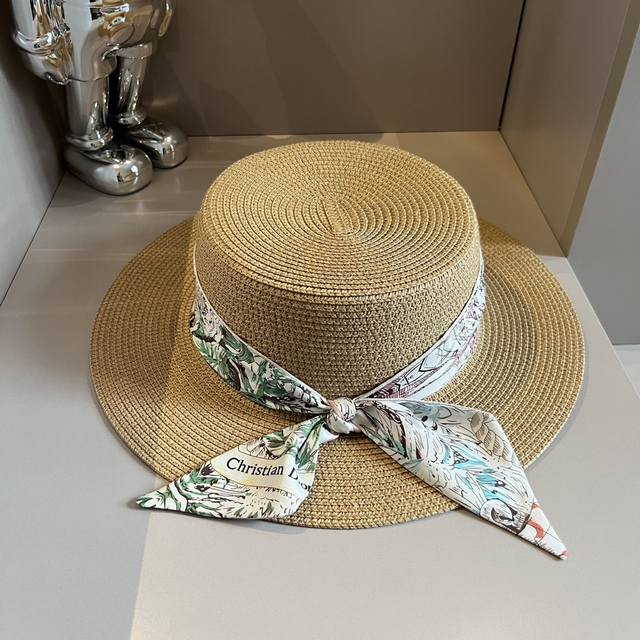 Dior迪奥平顶礼帽，动物图案飘带，百搭遮阳帽，草帽头围57Cm
