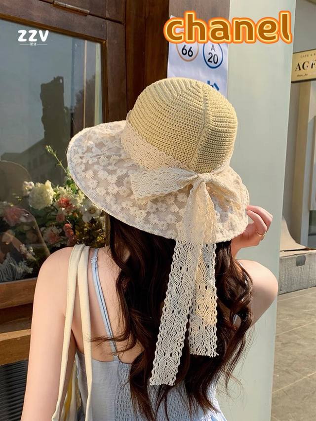 Chanel香奈儿小清新花朵蕾丝针织顶帽子女夏出游海边度假百搭赫本风遮阳帽