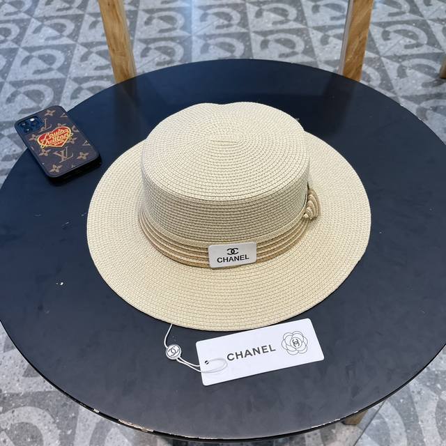 Chanel香奈儿草帽，沙滩平顶檐帽，拼色草帽，头围57Cm