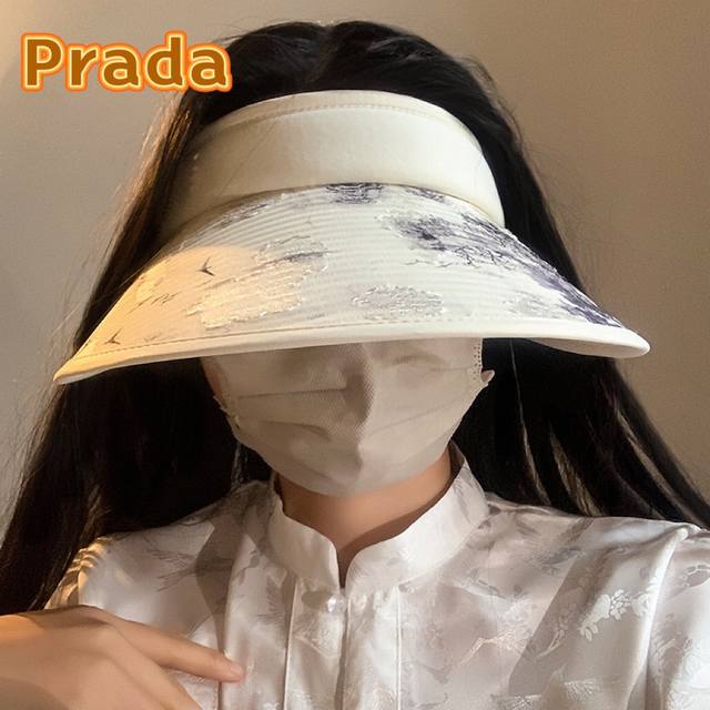 Prada普拉达新款中式国风水墨画帽子女夏季空顶防晒帽遮阳太阳帽冰丝防紫外线