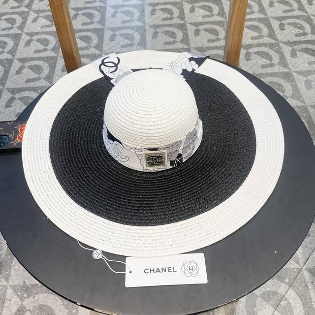 Chanel香奈儿草帽，沙滩大檐帽，拼色草帽，头围57Cm