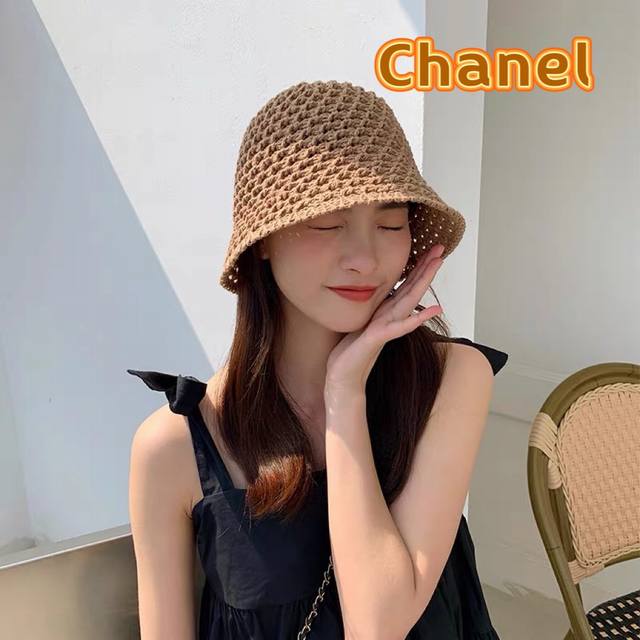 Chanel夏季镂空渔夫帽女透气帽子薄款防紫外线遮阳帽时尚盆帽水桶太阳帽 - 点击图像关闭