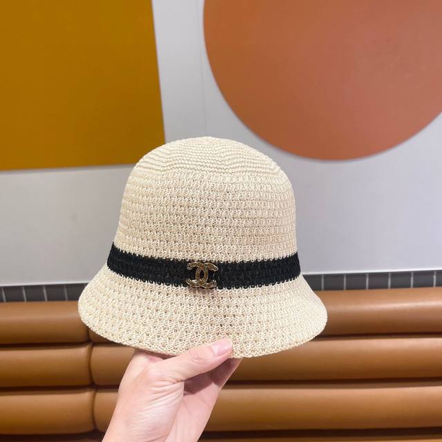 Chanel香奈儿 夏季针织镂空透气渔夫帽子女字母百搭休闲遮阳防晒帽 薄款水桶盆帽