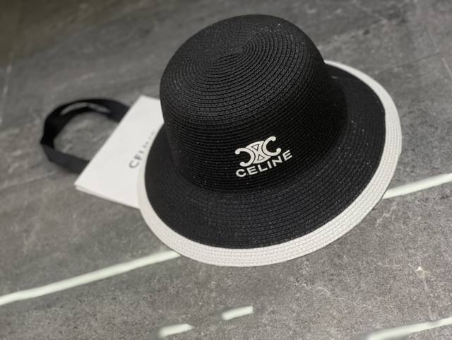 特价 配防尘袋 Celine赛琳 2024新款拼色盆帽草帽，出街必备超好搭配，赶紧入手！