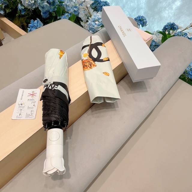 特批 Chanel 香奈儿 新款玫瑰花头柄金枝 三折自动折叠晴雨伞 选用台湾进口uv防紫外线伞布 原单代工级品质.2色