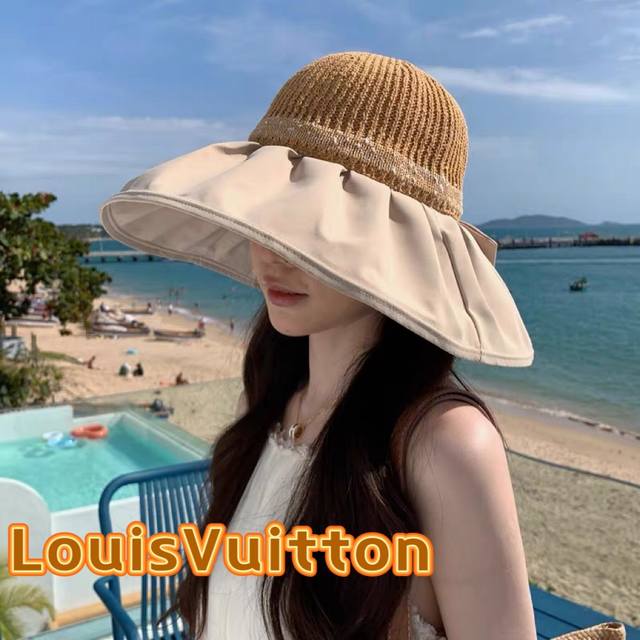 Lv路易威登优雅时尚遮阳帽子夏季女大帽檐防紫外线渔夫帽出游沙滩防晒太阳帽