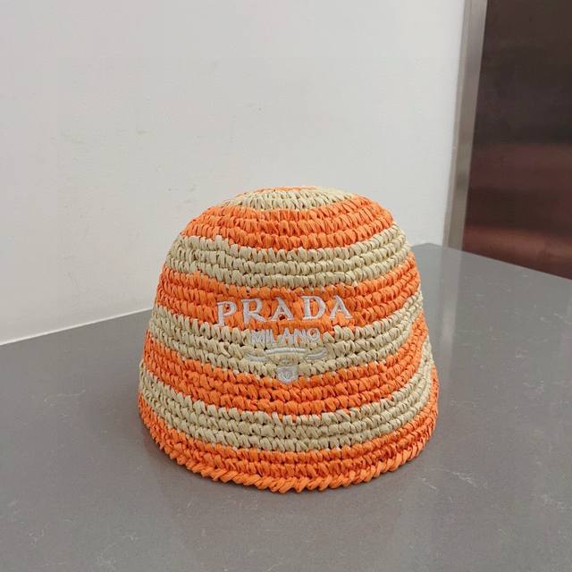 Prada普拉达草帽，渔夫帽，手工编织，2022官方新款，刺绣logo 跑量6个色