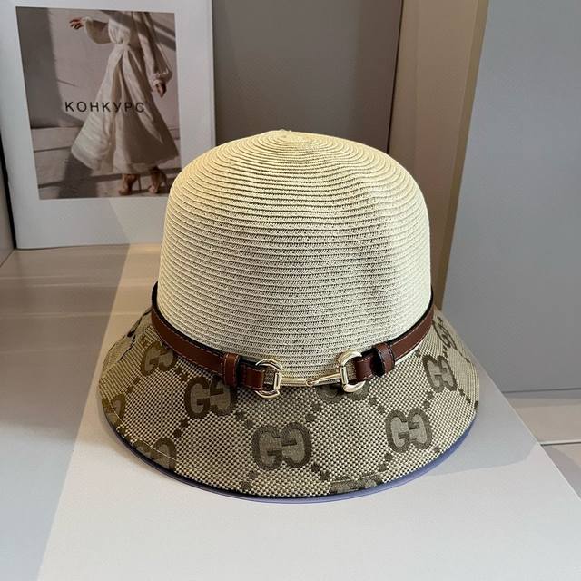 Gucci古琦皮带款草帽，细草盆帽，方便携带，高端定制，头围57Cm 米 卡其两色
