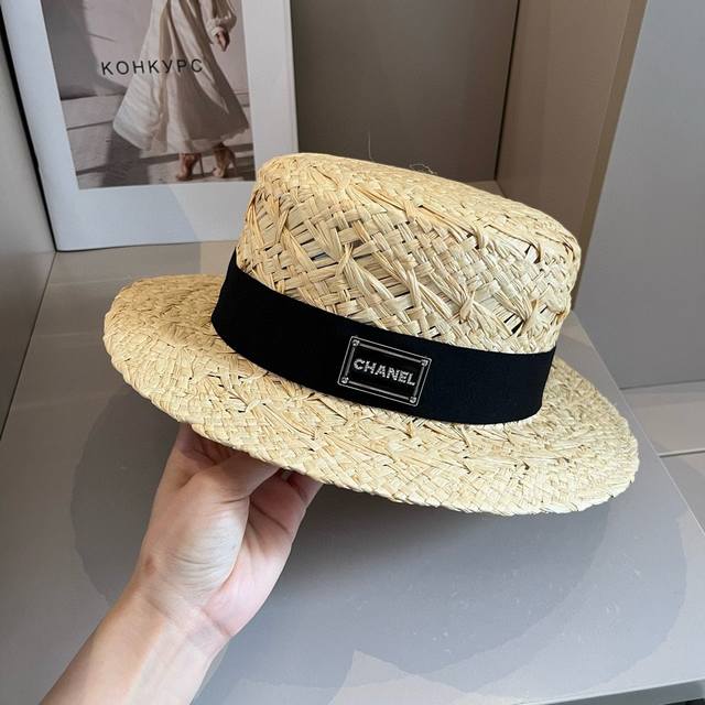 Chanel香奈儿24新款平顶草帽，拉菲礼帽，头围57Cm - 点击图像关闭