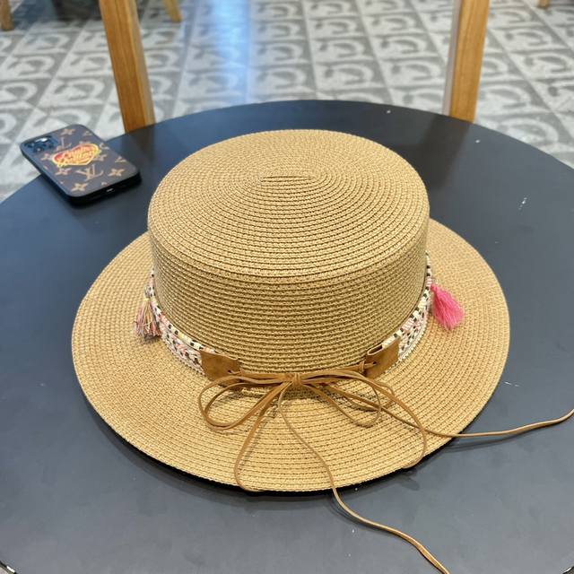 Dior迪奥 2024新款大牌织带镂空平顶草帽，出街必备超好搭配，赶紧入手！