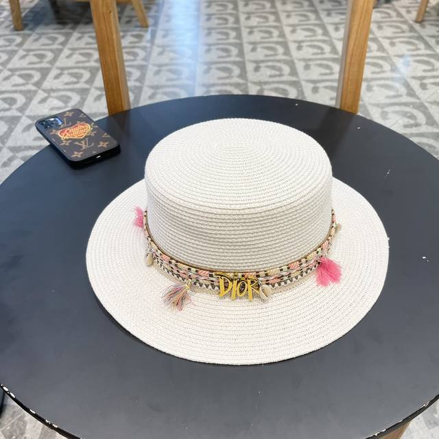 Dior迪奥 2024新款大牌织带镂空平顶草帽，出街必备超好搭配，赶紧入手！