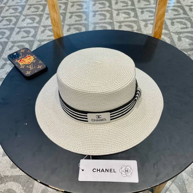 Chanel香奈儿草帽，沙滩平顶檐帽，拼色草帽，头围57Cm - 点击图像关闭