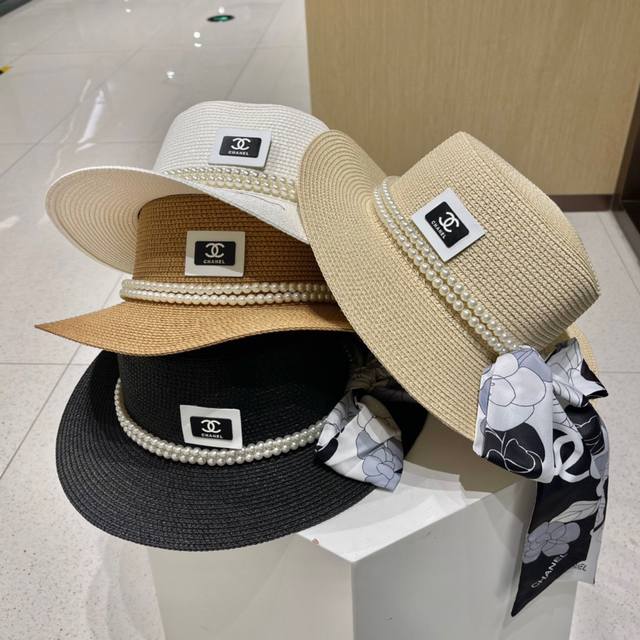 Chanel香奈儿草帽，遮阳沙滩帽，搭配香奈儿飘带，高级定制，头围57Cm 四个色 - 点击图像关闭