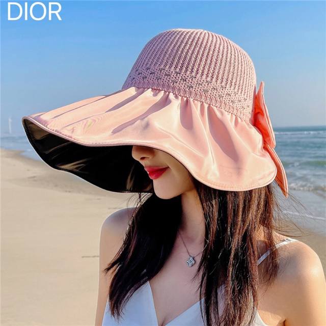 Dior 迪奥 夏季黑胶蝴蝶结渔夫帽子女防紫外线大檐遮脸太阳帽