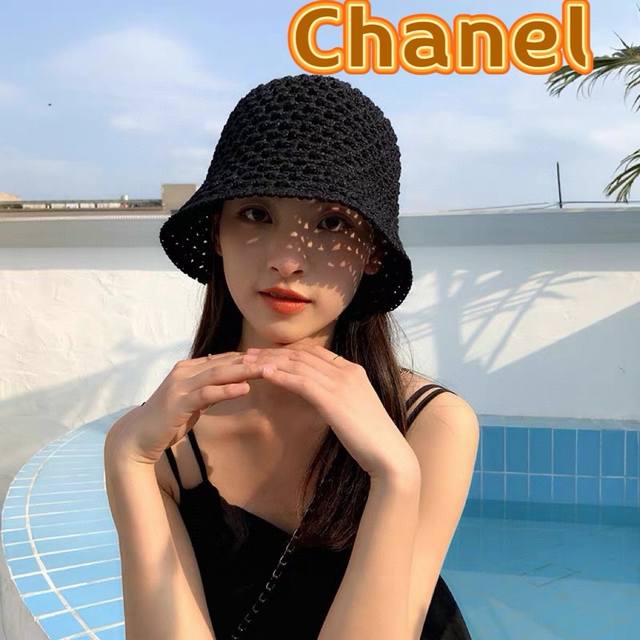 Chanel夏季镂空渔夫帽女透气帽子薄款防紫外线遮阳帽时尚盆帽水桶太阳帽