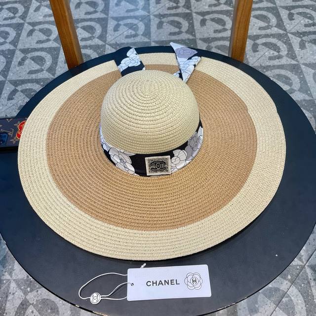 Chanel香奈儿草帽，沙滩大檐帽，拼色草帽，头围57Cm - 点击图像关闭