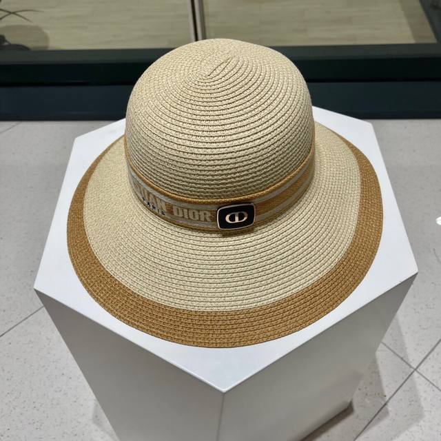 Dior迪奥新款草帽，遮阳帽，太阳帽，沙滩遮阳帽帽，拼色头围57Cm - 点击图像关闭