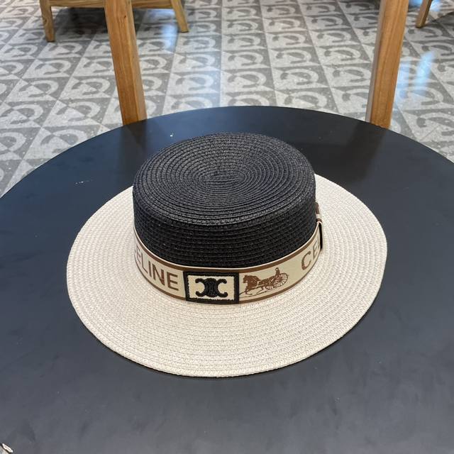 赛琳cellne2024夏季新款草帽，太阳帽，细草制作，拼色设计，可折叠，头围57Cm
