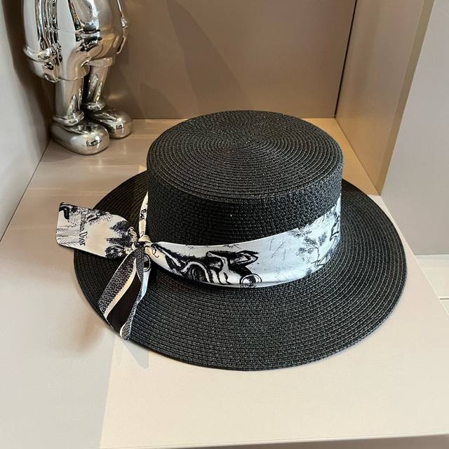 Dior迪奥平顶礼帽，动物图案飘带，百搭遮阳帽，草帽头围57Cm