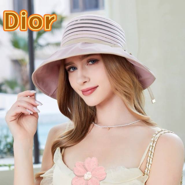 Dior跨境热采帽子女欧美时尚条纹渔夫帽大帽檐遮阳帽外贸防晒太阳帽夏