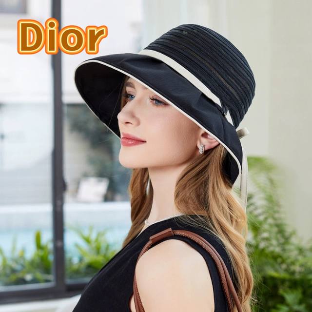 Dior跨境热采帽子女欧美时尚条纹渔夫帽大帽檐遮阳帽外贸防晒太阳帽夏