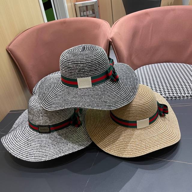 Gucci古奇2024新款草帽，名媛风遮阳帽，蝴蝶结飘带，旅游出街必备