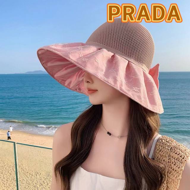 普拉达 2024新款夏季渔夫帽女士大檐防紫外线沙滩帽子防晒遮阳出游太阳帽