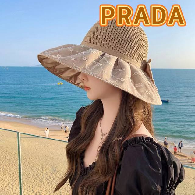 普拉达 2024新款夏季渔夫帽女士大檐防紫外线沙滩帽子防晒遮阳出游太阳帽