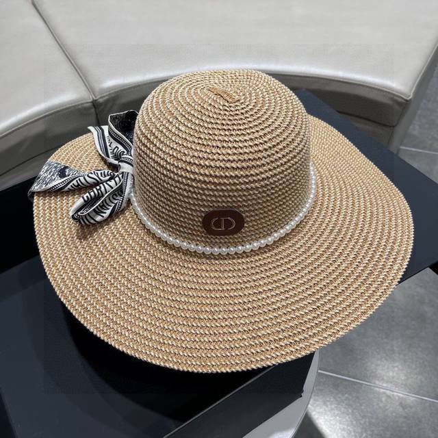 迪奥大檐草帽 Dior迪奥草帽，太阳帽，沙滩遮阳帽帽，名媛风，搭配飘带，头围57Cm - 点击图像关闭