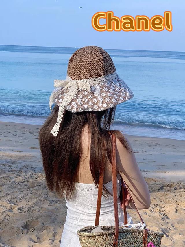 Chanel香奈儿 海边帽子女夏季防晒草帽赫本风沙滩度假蕾丝遮阳太阳帽透气渔夫帽 - 点击图像关闭